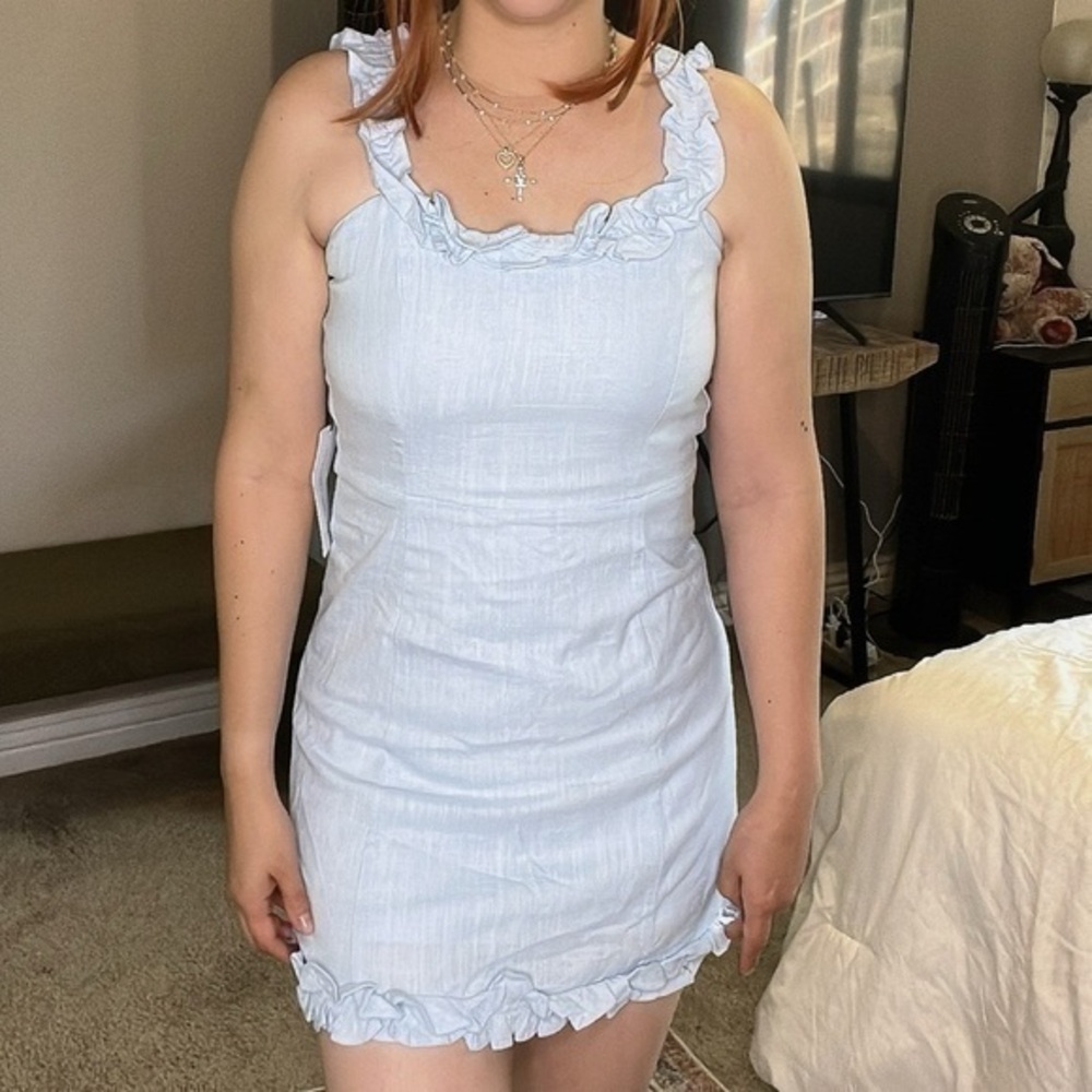 Light blue ruffle linen cotton dress